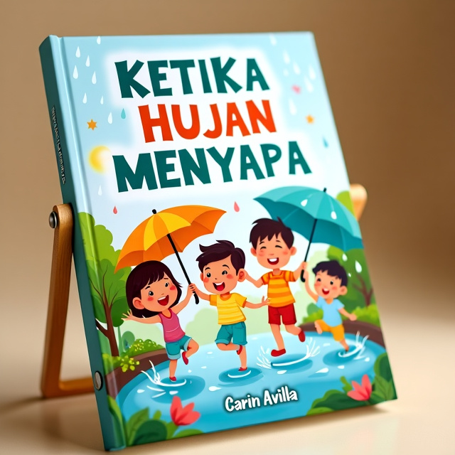 The cover features a colorful illustration of a group of children playing in the rain. They are jumping in puddles, holding umbrellas, and laughing. The illustration is vibrant and full of joy, capturing the essence of the book's happy theme.