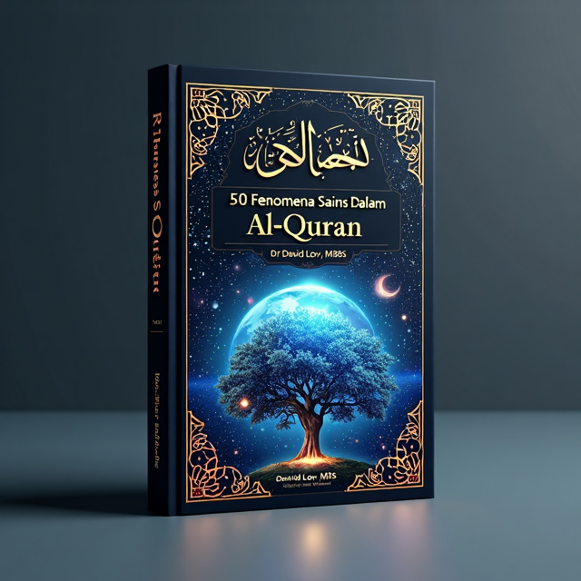 The central focus of the cover is a cosmic galaxy featuring stars and the Earth, representing the vastness of the universe. Overlapping the galaxy are abstract elements such as DNA strands and a tree symbolizing life. Geometric Islamic patterns are incorporated throughout the design, adding a sense of spirituality and faith.