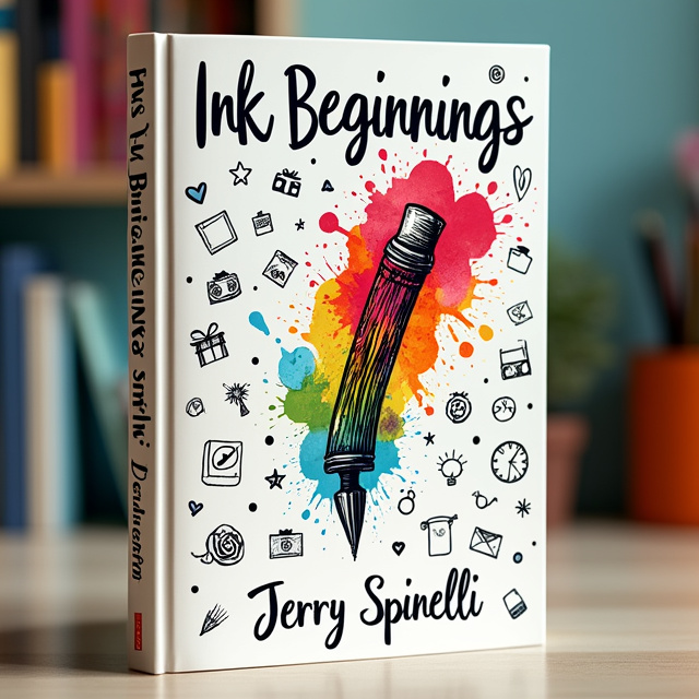 A colorful and whimsical illustration of a pen with ink splatter effects, surrounded by a variety of doodles and sketches. The title "Ink Beginnings" is prominently displayed above the illustration.