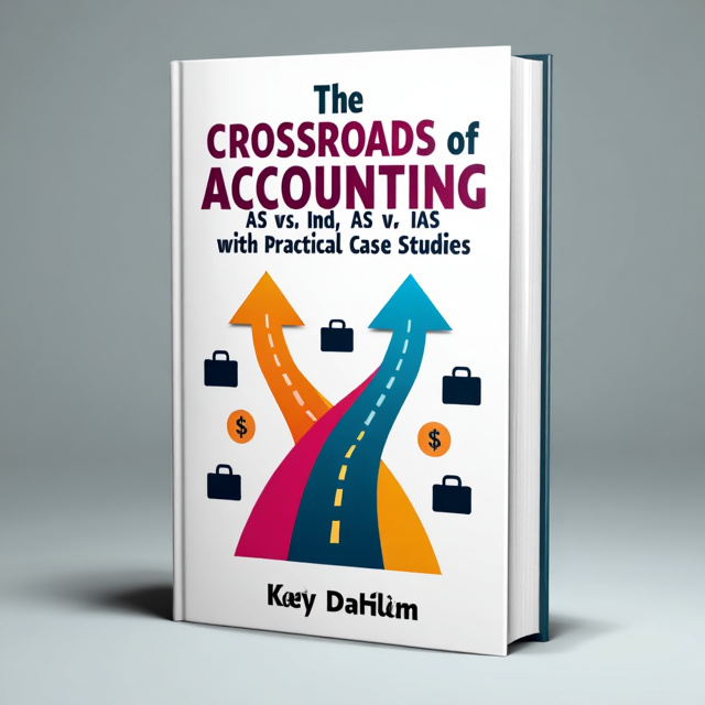 The cover features a crossroad symbol, representing the choices and decisions in accounting. The symbol is placed in the center, with two paths diverging from it, symbolizing the different accounting standards. The paths are depicted with vibrant colors and are surrounded by practical case studies, represented by briefcase icons.