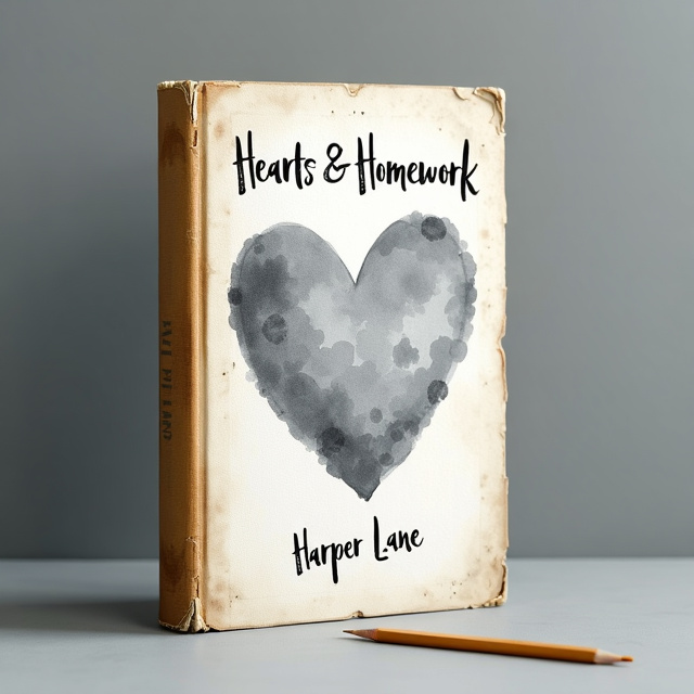 The cover features a hand-drawn watercolor heart in a subtle shade of gray, positioned in the center of the cover. The heart appears slightly transparent, with pencil marks visible within it, representing the idea of romance and the process of falling in love. The heart is placed on a texture of an already worn book, creating a vintage look and feel.