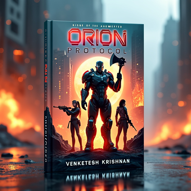 The central character, Marcus Graves (Atlas), stands tall in the center, wearing his heavy exo-suit and wielding a plasma battle-axe. Surrounding him are Shade (Rachel Novak) with her sniper rifle and Blaze (Derek Voss) engulfed in flames. The foreground depicts unity and teamwork, with the characters positioned slightly behind and to the sides of Marcus.