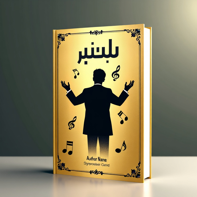 The cover features a golden background with a black silhouette of a symphony conductor in the center. Surrounding the conductor are various musical notes and symbols, forming a border around the silhouette.