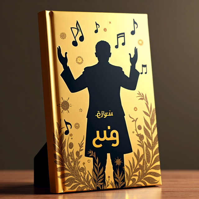 The cover features a golden background with a black symphony conductor silhouette in the center. Surrounding the conductor are various musical notes and symbols intertwined with abstract golden patterns, creating a sense of movement and depth.