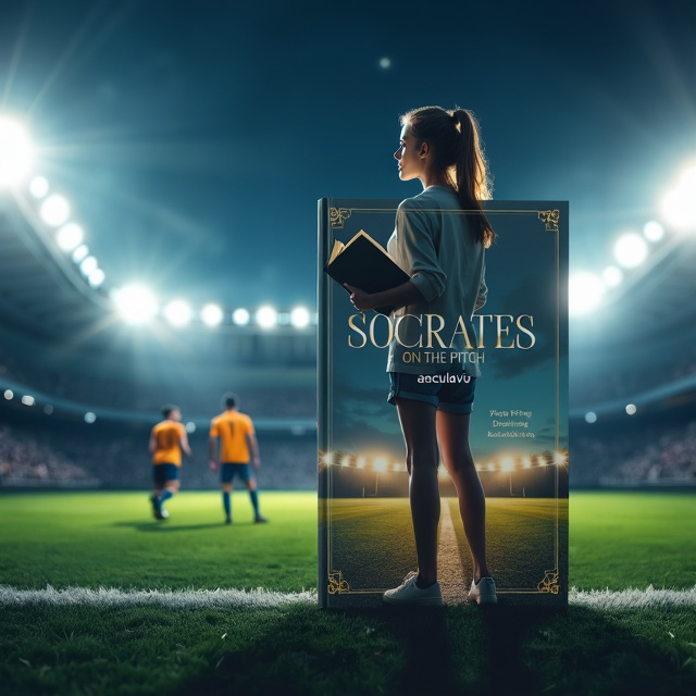 In the foreground, a young woman with open book standing thoughtfully at the edge of the football pitch. Behind her, two football players positioned slightly away from each other, casting intense, competitive glances. A football stadium at night with bright lights illuminating the field forms the background. Philosophical symbols blend subtly into the sky and lights, representing the intellectual tone.