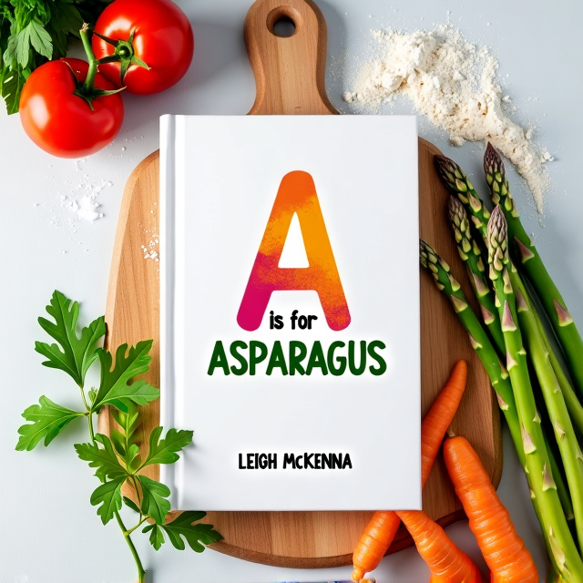 The cover features a clean, white background with a cutting board placed at the center. On the cutting board, there is a sprinkling of flour and salt, representing the cooking aspect of the book. A variety of fresh vegetables, including asparagus, carrots, and tomatoes, are arranged neatly on the cutting board, adding color and vibrancy to the cover.