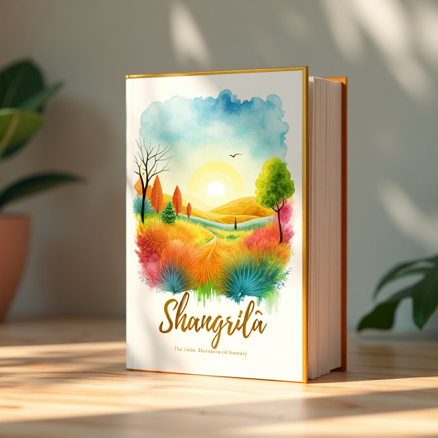 The cover features a minimalistic design with a framed watercolor painting of a vibrant landscape. The painting appears to be dripping with colorful and lively strokes, creating a fantasy-like atmosphere. The overall scene evokes a cozy and warm feeling, with the sun shining brightly and a sense of peace and tranquility.