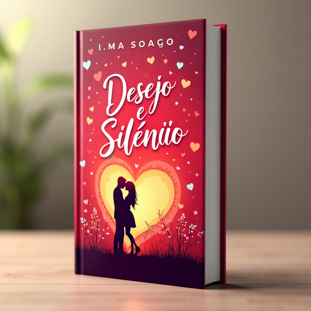 The cover features a vibrant red background with a gradient effect, symbolizing desire and passion. In the center, there is an illustration of a couple embracing, surrounded by a burst of colorful hearts and stars, representing love and euphoria. The title, "Desejo e Silêncio," is displayed in elegant, flowing typography, with "Desejo" in a bold, uppercase font and "e Silêncio" in a delicate, lowercase script.