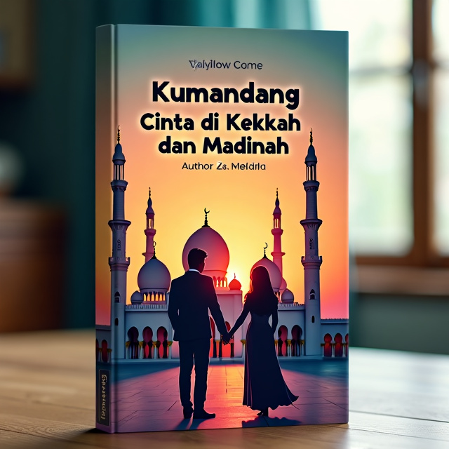 The cover features a stunning image of the grand mosques in Mecca and Medina, with vibrant colors and intricate architectural details. In the foreground, a silhouette of a couple holding hands symbolizes love and romance.