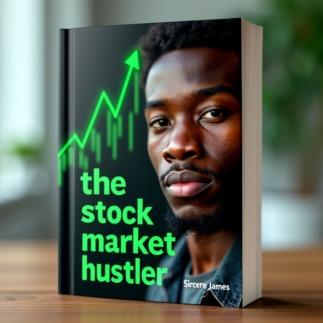 The cover features a close-up image of a young Black man, his face filled with determination and hope. Behind him, there is a stylized representation of a stock market graph, with green arrows symbolizing growth and success. The title, "sincere the stock market hustler," is displayed prominently in bold, green typography, with the author's name, Sincere James, shown below in a more subtle font.