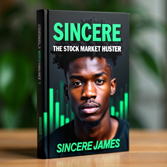 The cover features a close-up image of a young Black man, with a determined expression on his face, symbolizing ambition and resilience. In the background, there is an abstract representation of a stock market graph, with green lines representing growth and success. The title "sincere the stock market hustler" is prominently displayed in bold, capitalized font at the top of the cover, with the word "sincere" in black and "the stock market hustler" in green. The author's name, Sincere James, is placed at the bottom of the cover in a smaller font, also in green.