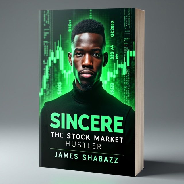 The cover features a close-up shot of a young Black man with a determined expression, surrounded by green stock market graphs and charts. The main image is overlaid with a transparent layer of text, showcasing the book title and author name. The overall aesthetic is modern and dynamic.