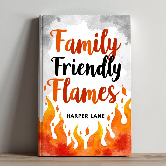 The background of the cover is a textured and worn book in a whiteish gray color. The title "Family Friendly Flames" is the focal point, displayed prominently at the center of the cover. Transparent hand-drawn watercolor flames are scattered lightly across the cover, creating a subtle intrigue.
