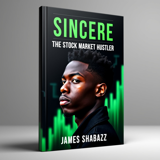 The cover features a close-up image of a young Black man, his face depicting determination and resilience. Behind him, there is a stylized representation of a stock market graph, with green and black color scheme. The title "Sincere The Stock Market Hustler" is prominently displayed at the top of the cover, with the author's name "James Shabazz" below it.