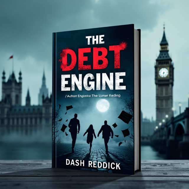 The cover features a dark, misty London cityscape in the background, with Big Ben emerging from the fog. In the foreground, two silhouetted figures are running, their outlines suggesting urgency and fear. Floating around them are torn documents and ledgers, symbolizing the central plot element. A shadowy figure looms in the background, representing the antagonist. The color scheme is predominantly dark blue, with gray and black accents. Red accents are used sparingly to emphasize danger and urgency.