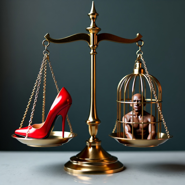 A scales of justice seen from the front, unbalanced to the left. A red heeled shoe on the left plate. A man in a cage on the right plate.