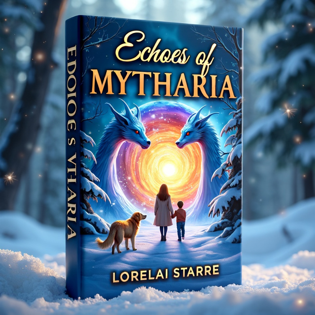 The cover features a breathtaking scene with a loving mother and her young son standing hand-in-hand. They are positioned in the center, gazing into a swirling magical portal that shimmers with vibrant colors. A spirited young golden retriever bounds ahead into the portal, while two majestic ice dragons tower on either side. The atmosphere is filled with enchantment, as snowflakes dance in the air and the landscape is painted with hues of blue and silver.