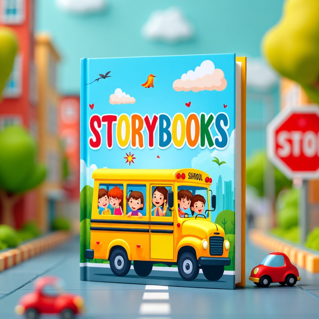 The cover features a vibrant and colorful illustration of a group of children riding in a school bus, with smiles on their faces. The background is filled with a playful scene of cars and road signs, creating a sense of adventure and excitement.