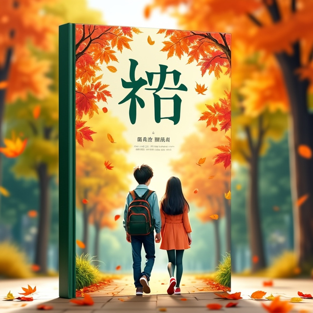The cover features a warm and vibrant scene of a lush green campus, with colorful autumn leaves falling gently in the background. In the center, a young high school boy and girl are depicted walking together, conveying a sense of youth and friendship.
