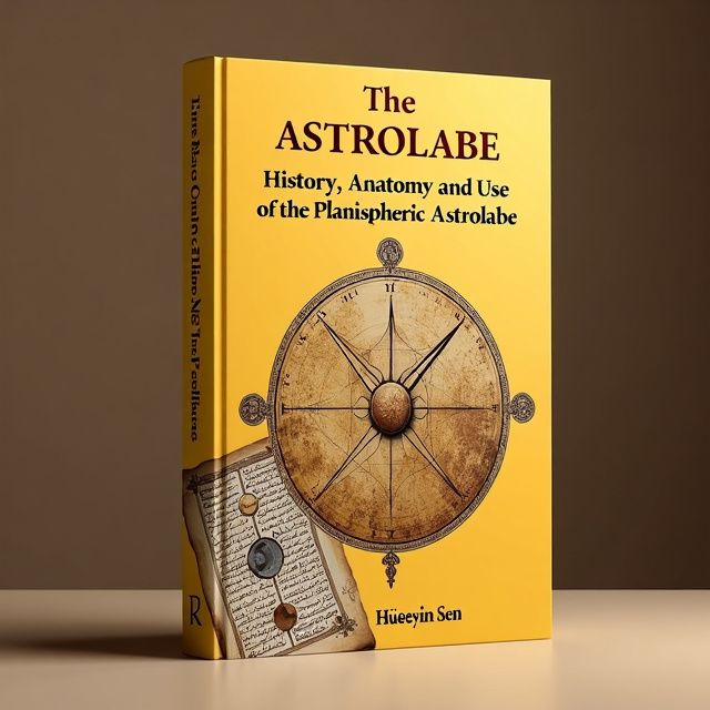 The cover features a medieval Arabic planispheric astrolabe centered on a golden yellow background. A page from a medieval Arabic manuscript with a diagram of the phases of the moon is placed on the bottom left corner, overlapping slightly with the astrolabe.