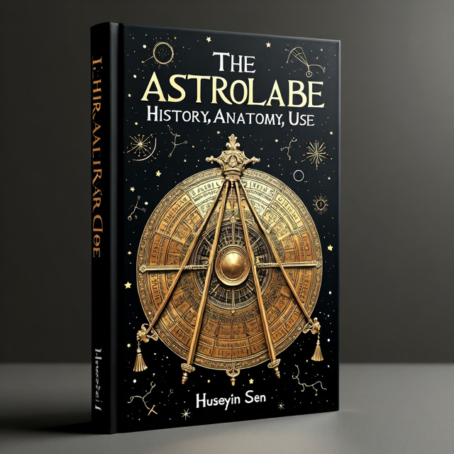 The cover features a black background with a close-up image of a brass medieval Arabic astrolabe in the center, surrounded by scattered stars and constellations. The astrolabe is intricately detailed, showcasing its history and craftsmanship.