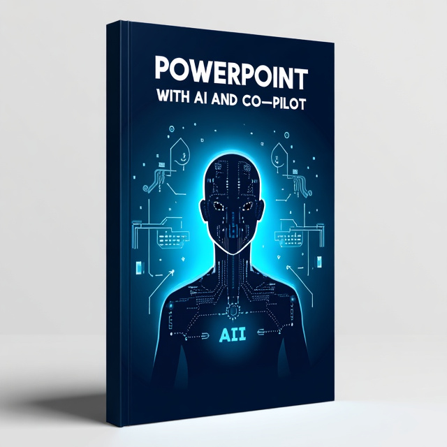 The cover features a futuristic and technology-inspired design. In the center, there is a stylized representation of an AI co-pilot, depicted as a silhouette with circuitry patterns, against a backdrop of a blue gradient. The title "PowerPoint with AI and Co-Pilot" is prominently displayed at the top, with the "AI" and "Co-Pilot" part appearing in a bold and modern font.