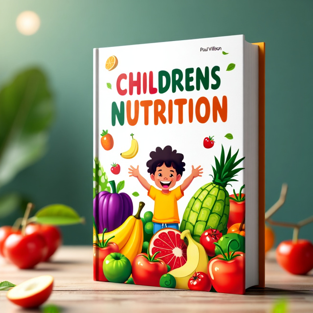 The cover features a vibrant and colorful illustration of a variety of fruits, vegetables, and other nutritious foods. In the center, there is a happy and energetic child surrounded by these foods, showcasing the key components of child nutrition. The illustration is dynamic and engaging, with a mix of bold and soft colors to create visual interest.