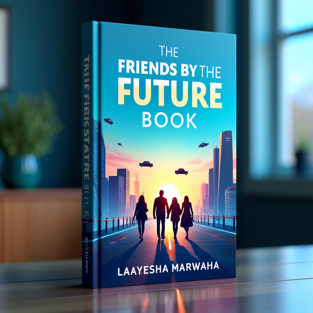 The cover features a futuristic cityscape at dusk, with tall buildings and flying cars. In the foreground, three silhouettes of friends are walking towards a bright light, symbolizing their journey to the future. The overall style is vibrant and dynamic, with a sense of intrigue and adventure.