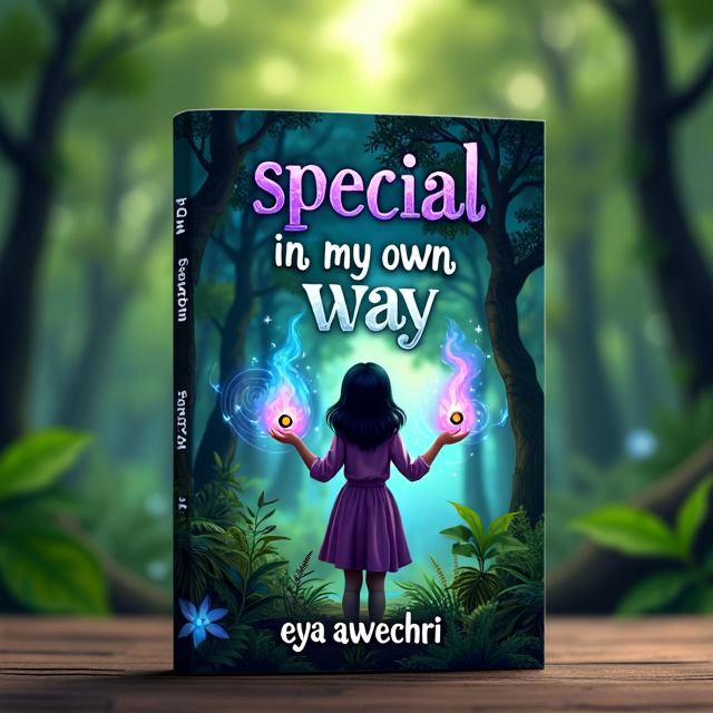 The cover features a vibrant forest background with lush green trees and a hint of magical energy swirling around. In the center, a girl with black hair and eyes stands alone, holding her hands up as if casting a spell. Between her hands, a small black fire with eyes flickers, adding an element of mystery.