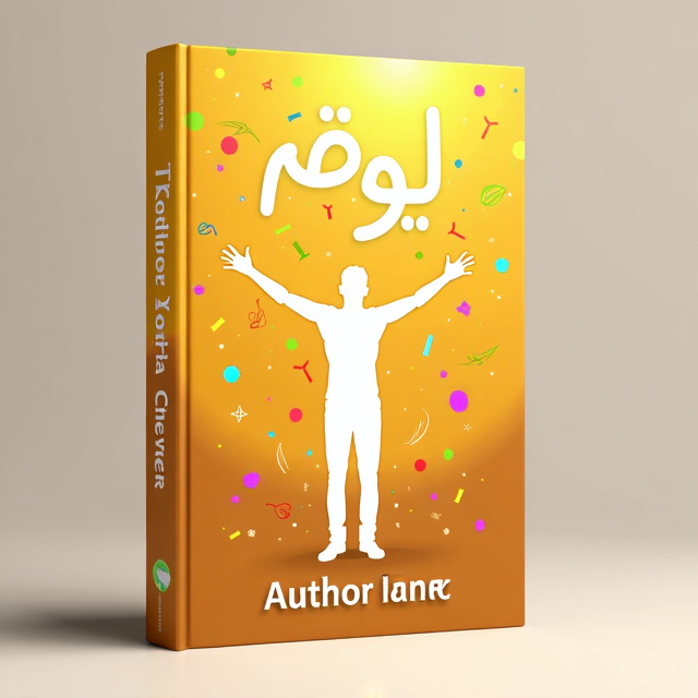 The cover features a vibrant golden background with a soft gradient, symbolizing happiness and positivity. In the center, a white silhouette of a person is shown, standing with open arms, representing joy and celebration of life. Colorful confetti and swirls of happiness surround the figure, adding a dynamic and energetic feel to the design.