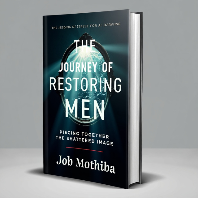 The cover features a mirror with shattered pieces of glass, symbolizing the broken image of men. The mirror is placed in the center, surrounded by darkness, representing the journey of restoring and healing. Rays of light penetrate through the broken glass, symbolizing hope and transformation.