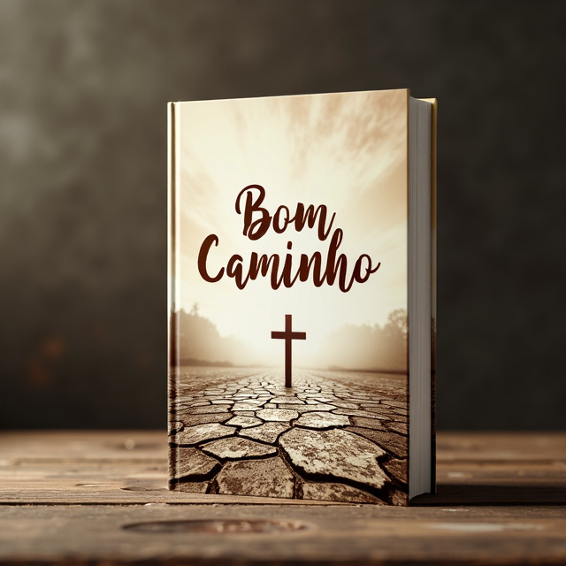 The cover features a close-up image of an old, weathered pavement, with cracks and worn-out patterns. The image is in sepia tones to evoke a sense of history and nostalgia. The title "Bom Caminho" is prominently displayed in bold, elegant typography at the top of the cover, while a subtle religious symbol is incorporated into the background to represent the book's theme.