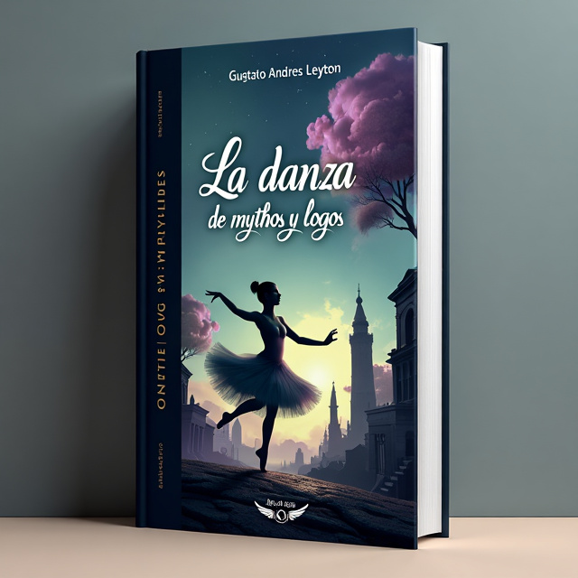 The cover features a surrealist landscape with a mysterious, dream-like atmosphere. In the foreground, there is a silhouette of a dancer, gracefully moving in an otherworldly space. The background is filled with surreal elements such as floating clouds, distorted buildings, and abstract shapes, alluding to the themes of mythos and logos. The color palette consists of deep blues, purples, and hints of gold, creating a mystical ambiance.