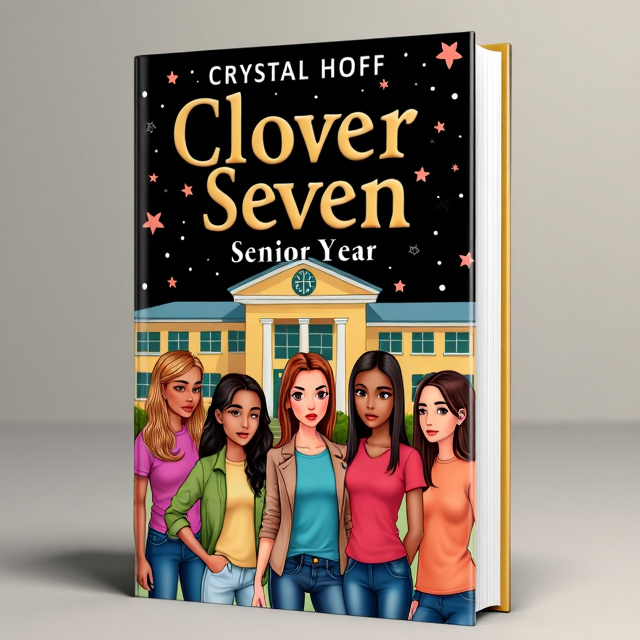The cover features an illustration of the Clover Seven, Betsy, Dawn, Cleo, Sandy, Sarah, Lollie, and Emily, standing together in front of their high school, Sweet Peach Acres. The girls are shown with different expressions to convey a range of emotions, including sadness, happiness, and reflection. The background is a combination of black and gold, with a subtle pattern to add visual interest.