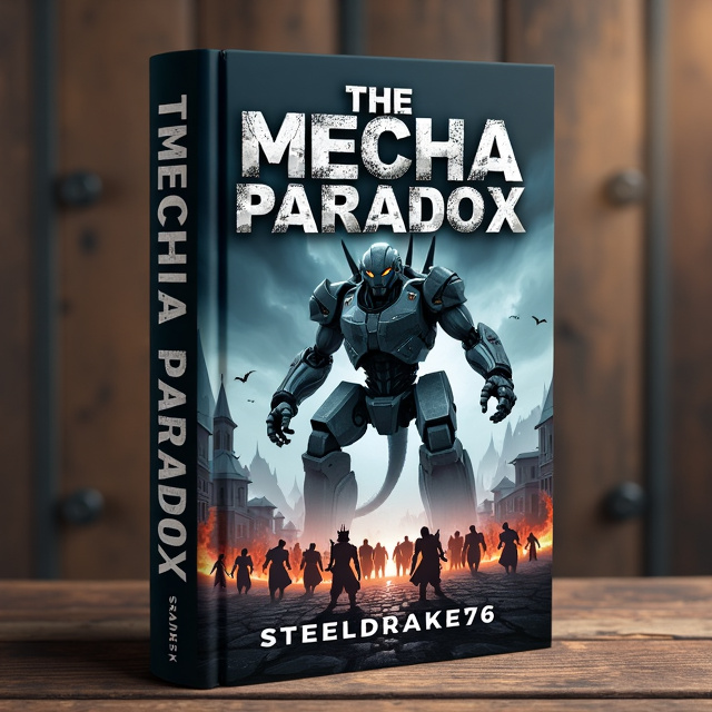 The cover features a battle scene between a towering Mecha Kaiju and a group of warriors in a classic fantasy setting. The Mecha Kaiju is depicted in gray tones, with intricate details highlighting its mechanical nature. The warriors are shown in vibrant colors, showcasing the contrasting elements of the story. The background displays a dark and ominous sky, adding a sense of tension and impending doom.