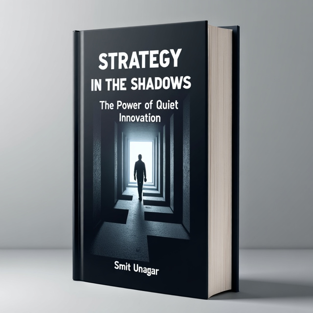The cover features a sleek and minimalist design with a dark background. In the center, there is a silhouette of a person walking through a maze-like set of abstract shapes, representing the shadows and hidden pathways of strategic innovation. The person's silhouette is filled with subtle technology imagery, symbolizing the power of quiet innovation. The overall composition creates a sense of intrigue and curiosity.