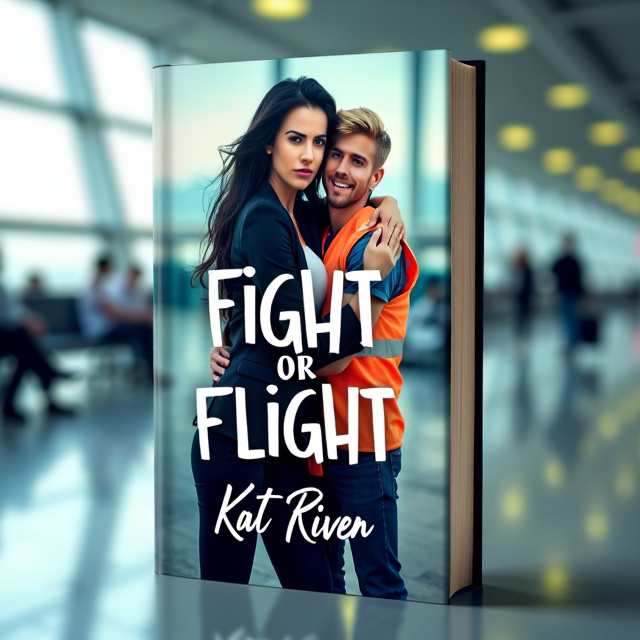 The cover features a bold and striking image of an airport terminal with a woman and a man standing in the foreground. The woman has long black hair and is dressed in a formal suit and a hazard vest, giving off a grumpy vibe. On the other hand, the man is blonde and is hugging the woman from behind, laughing, and wearing casual clothing. The overall atmosphere of the cover is a mix of grumpy and sunshine, representing the conflict and romance in the book.
