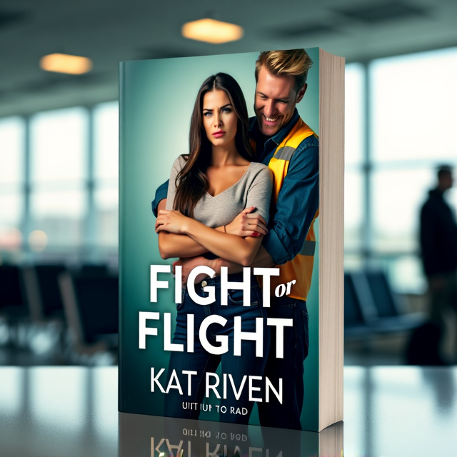 The cover features a grumpy woman standing in an airport, with her arms crossed and a serious expression on her face. Behind her, a tall, blonde man is hugging her from behind, laughing. The man is wearing a hazard vest, adding a touch of humor to the scene.