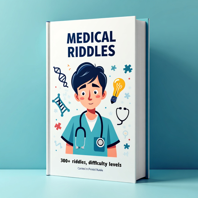The title "Medical Riddles" is bold and placed at the top in navy blue font. In the center, there is an illustration of a medical student with a puzzled expression, surrounded by icons of stethoscopes, DNA strands, puzzle pieces, and light bulbs. The background has a light blue gradient with faint outlines of medical instruments and symbols.