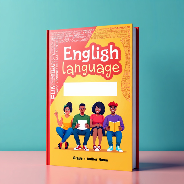 The cover features a vibrant background with a collage of English letters forming a border in the corner. In the center, there is an illustration of students from different countries studying English, representing the multicultural aspect of the book's content. An empty place is provided for the grade and teacher details, adding a personal touch for educational purposes.