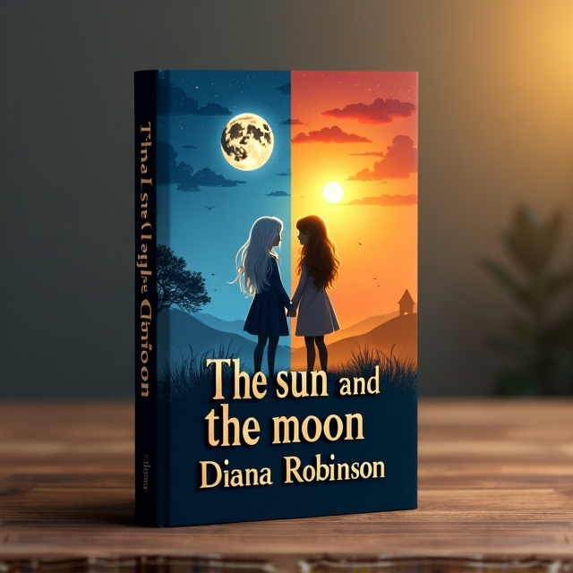 The cover is divided into two halves. The left half features a dark blue night sky with a glowing full moon. On the right half, a bright orange and yellow sunrise illuminates the sky. In the night sky, a girl with silver hair stands tall, while in the morning sky, a girl with golden hair is shown. They are positioned to face each other, representing the contrast between night and day.
