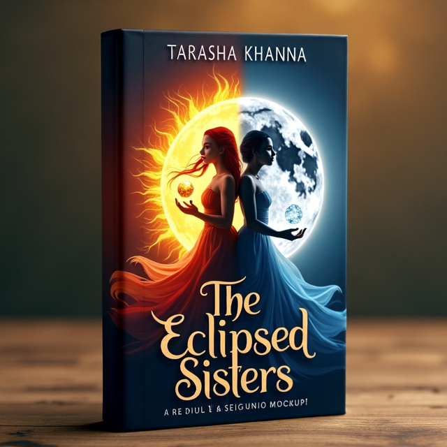 The cover features a split image with the left side depicting a vibrant, golden sun and the right side showing a mysterious, silver moon. In the center, two sisters of ethereal beauty are positioned, one representing the sun and the other the moon. Their hair flows seamlessly from fiery red to silvery white. The sun sister holds a glowing orb of light, while the moon sister holds a gleaming crescent moon.