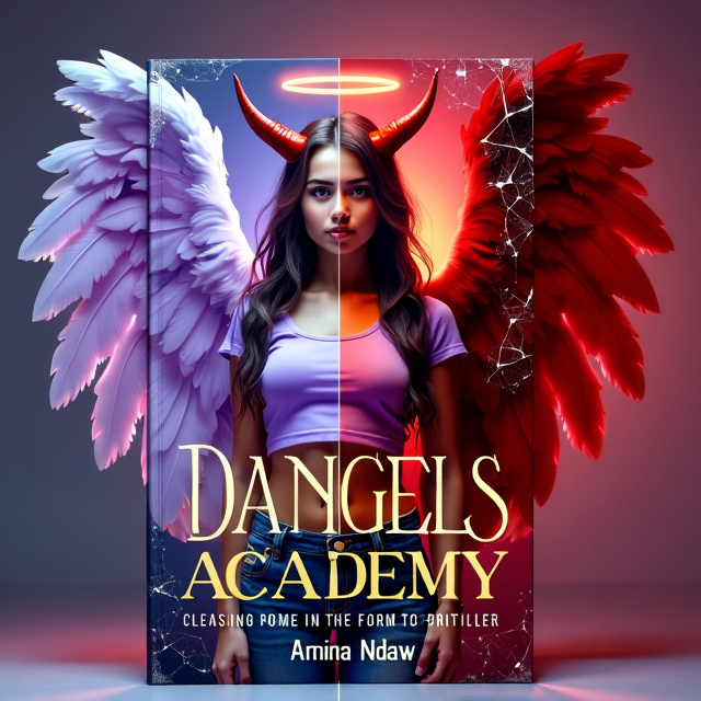 The cover depicts a girl wearing a lavender crop top and jeans, with half devil wing and half angel wing. A halo and red horns adorn her head. The cover is split in two like shattered glass, with one side representing the angelic side and the other representing the devilish side.
