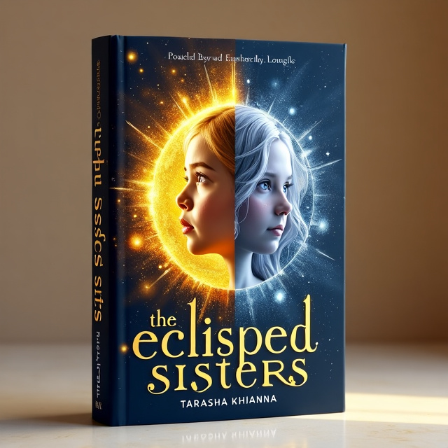The cover features a split image of a golden sun and a silver moon, with a clear dividing line down the center. In the sun half, there is a child with golden hair, radiating power and confidence. In the moon half, there is a child with silver hair, exuding mystery and allure. The sun and moon are depicted in an ethereal and magical style, with vibrant colors and celestial patterns.