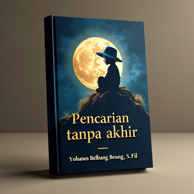 The cover features a solitary child sitting on the moon, symbolizing the endless search for purpose in life. The child is depicted wearing a blue and black hat with hints of red, adding a touch of mystery and curiosity. The background is a deep navy blue with golden black accents, creating a sense of depth and introspection.