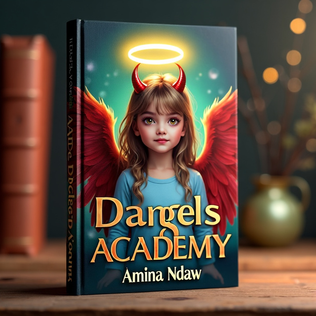 The 12-year-old girl with light brown hair and two blonde streaks in the front is the central focus of the cover. She is depicted as half angel and half devil, with one devil wing and one angel wing. She wears a halo above her head and has two horns protruding from her forehead.