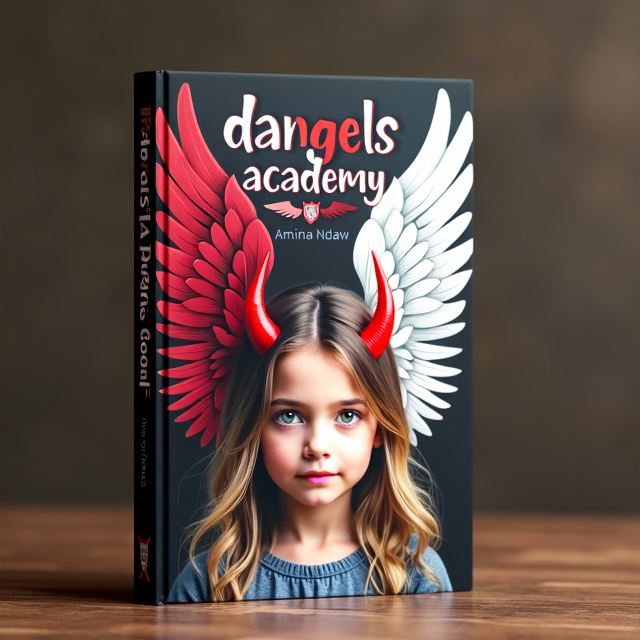 The cover is divided into two halves. On the left side, there is a devil with red horns and a red wing. On the right side, there is an angel with a white wing and a halo. In the middle, there is a girl with light brown hair and two blonde streaks in the front. She has one white wing and one red wing, as well as red horns and a halo.