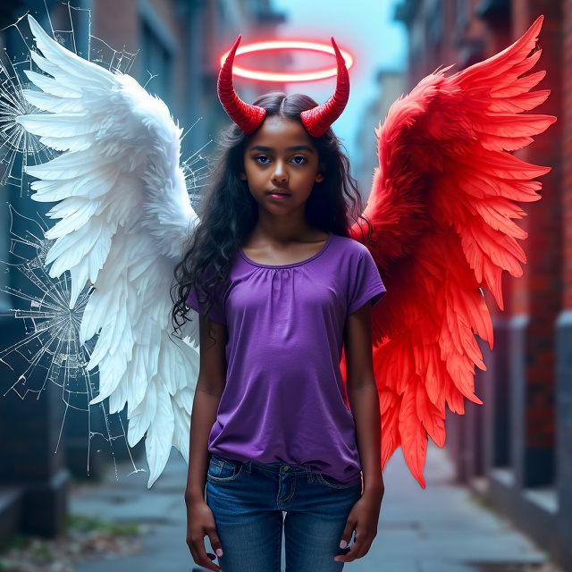 The cover features a girl with a purple tang top and jeans, standing in the center. The image is divided in half, with the left side depicting a shattered glass representing the devil and the right side showing the girl's angelic side. The girl has one white wing and one red wing, symbolizing the duality of her nature. She also has red horns and a halo, further emphasizing the contrasting elements within her. The overall style is a mix of realism and fantasy, creating a visually striking and captivating image.
