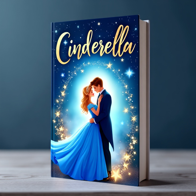 The cover features a beautiful illustration of Cinderella and the prince. Cinderella is depicted in a flowing blue ball gown, while the prince is in a dashing suit. They are shown in a romantic embrace, surrounded by a magical glow. The background is filled with enchanting stars and sparkles, adding to the fantasy element of the story.