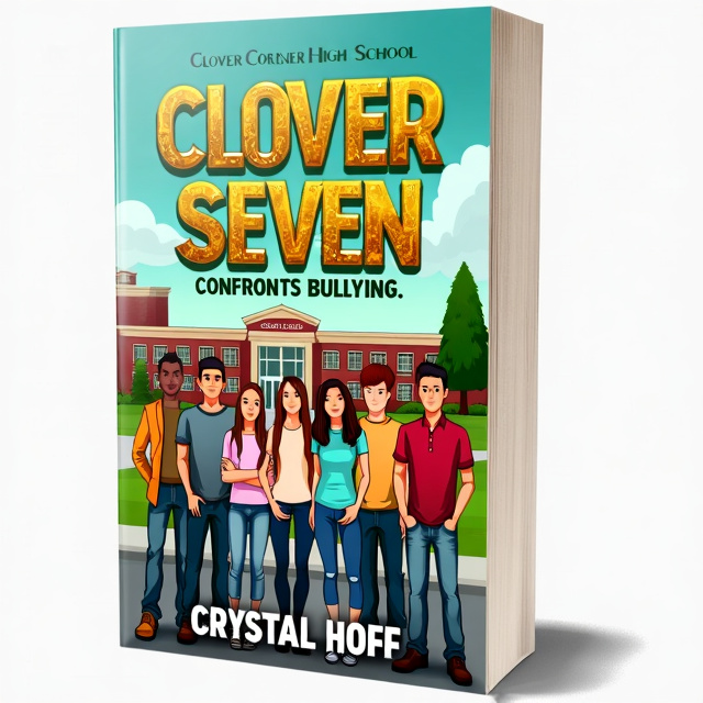 The cover features an illustration of the seven main characters from the book, Clover Seven. Each character is shown with a symbol of their interests or hobbies, representing their unique personalities. They are standing in front of Clover Corner High School, symbolizing the setting of the story. The illustration is done in a stylized and colorful manner, with a mix of sadness, happiness, and reflection portrayed on the faces of the characters.